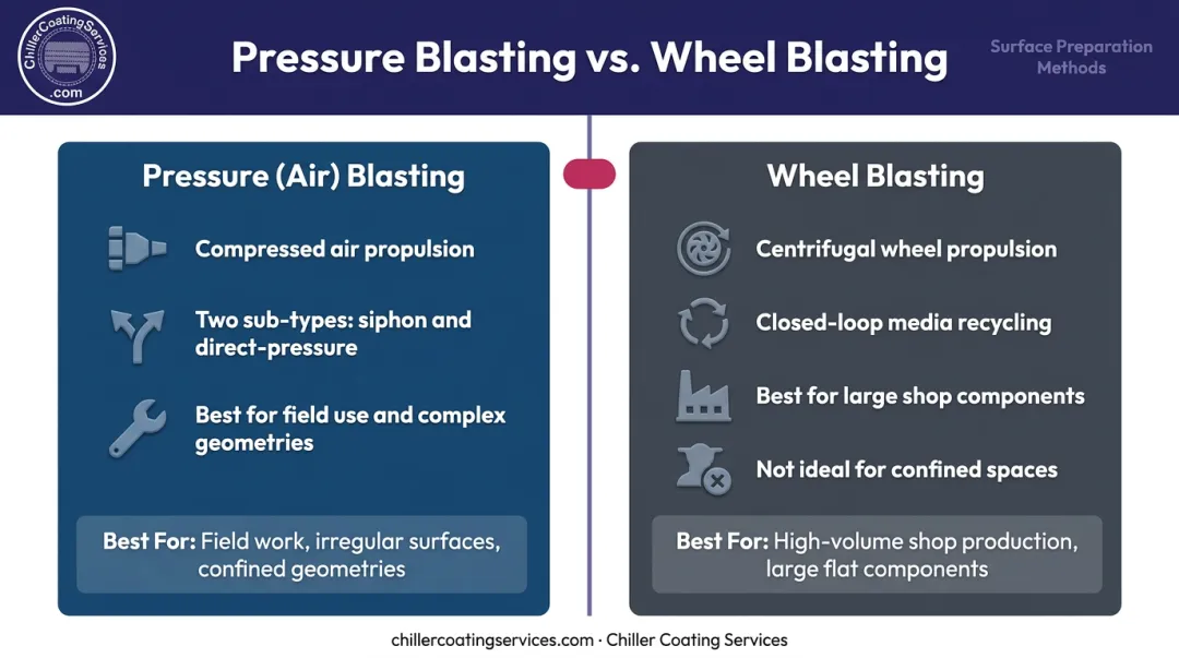 Pressure blasting versus wheel blasting side-by-side comparison infographic for industrial applications