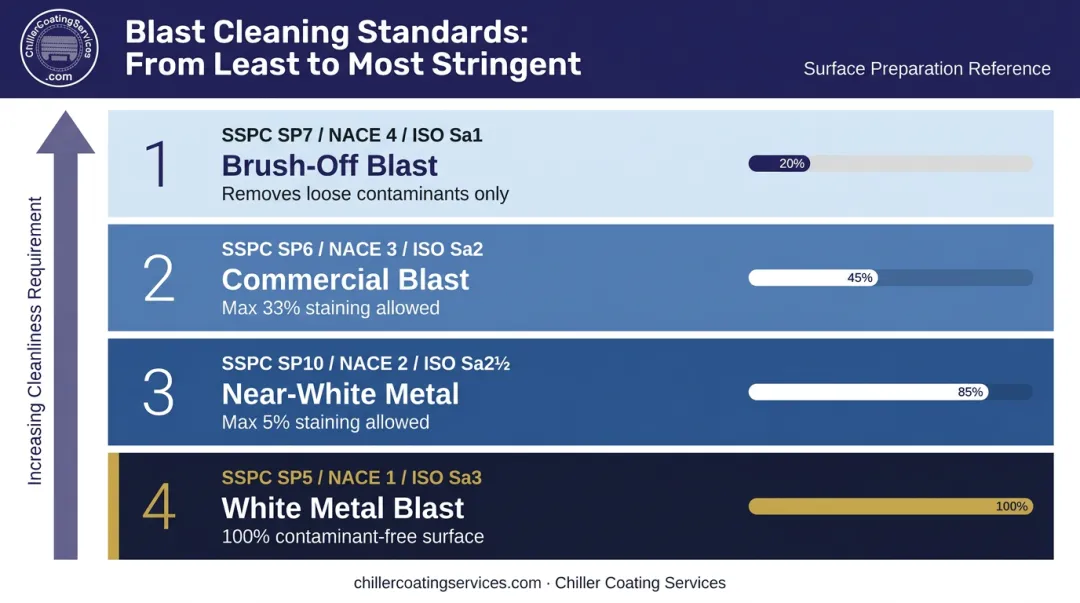 Four blast cleaning standards comparison from brush-off to white metal SSPC NACE ISO grades