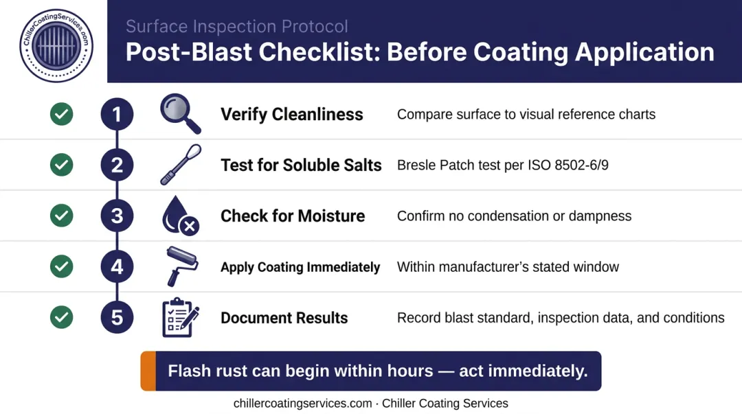 Five-step post-blast inspection checklist before applying protective coating to blasted steel