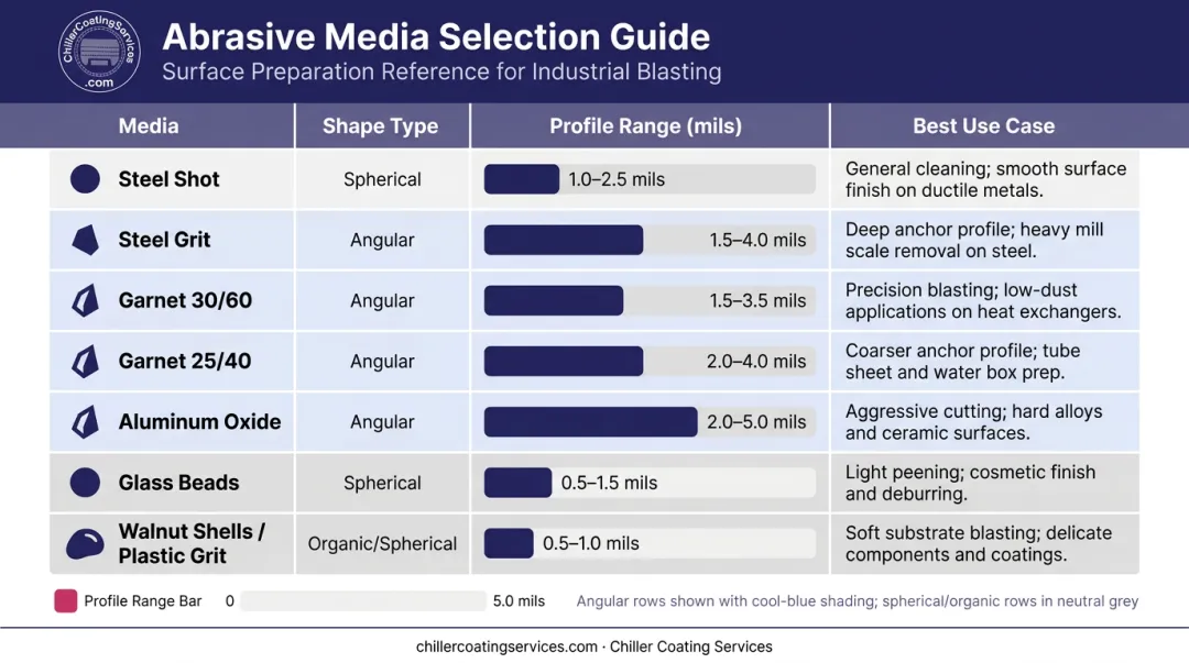 Abrasive blast media comparison chart showing shape profile range and best use cases