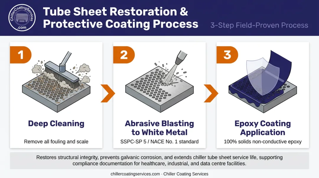 Three-step chiller tube sheet overhaul coating restoration process flow diagram
