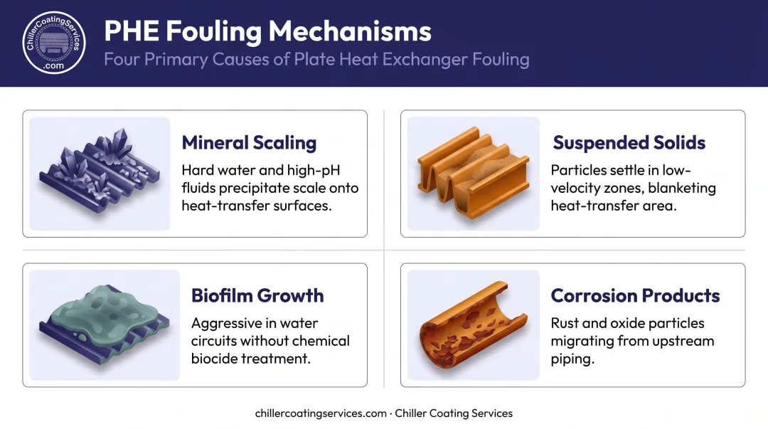 Four types of plate heat exchanger fouling mechanisms comparison infographic