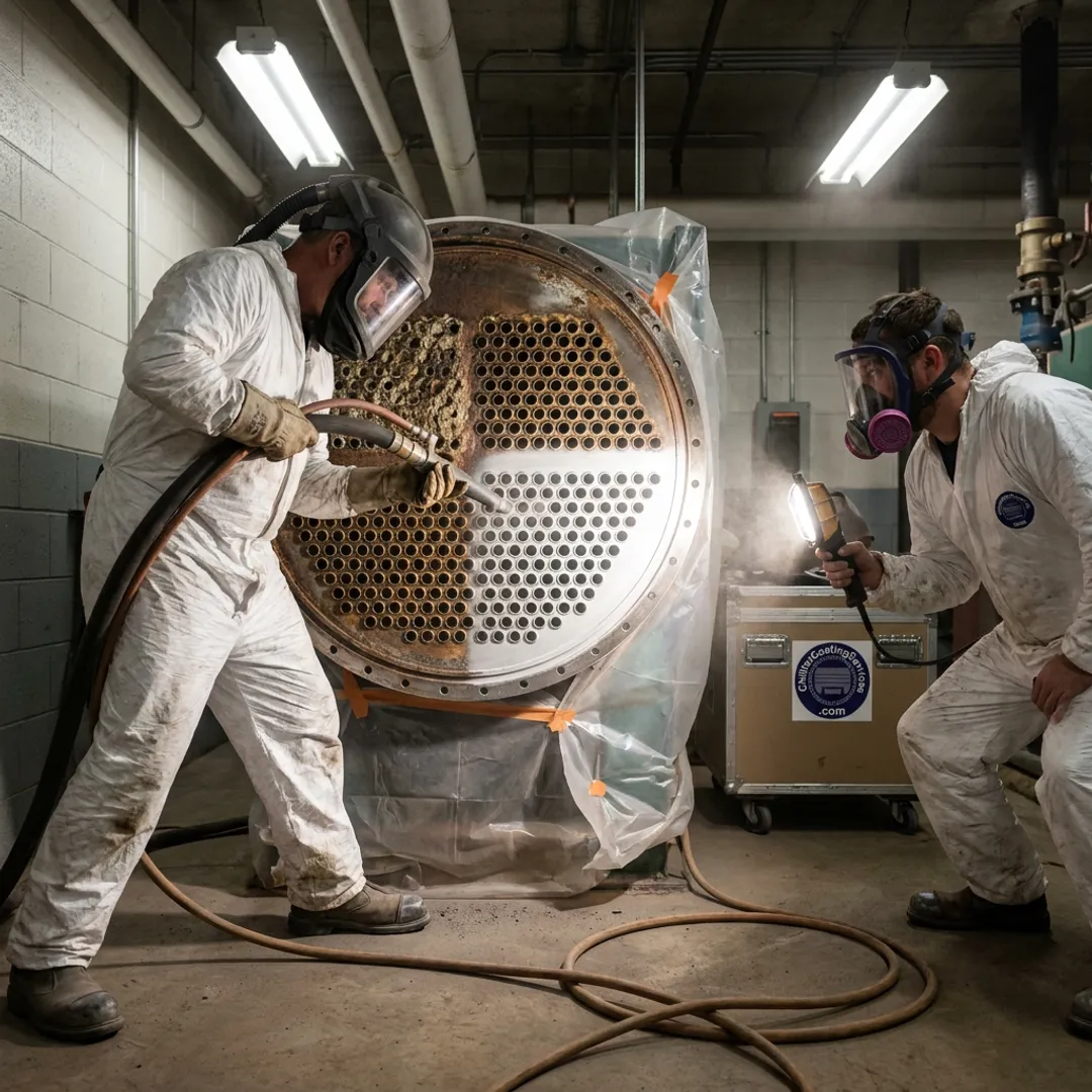 Crew preparing chiller tube sheet for protective coating