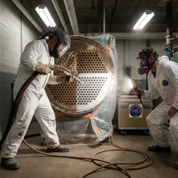 Crew preparing chiller tube sheet for protective coating