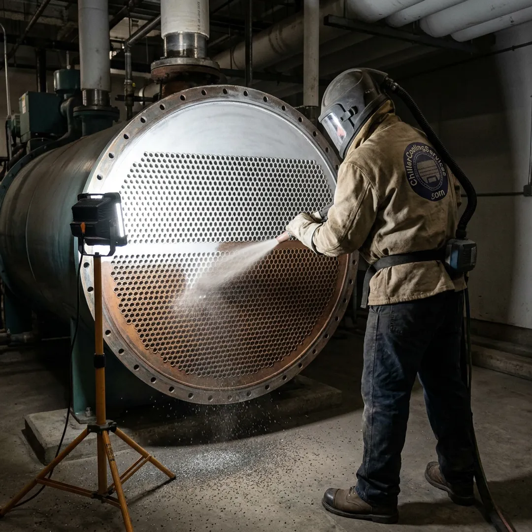 Technician preparing metal equipment for coating