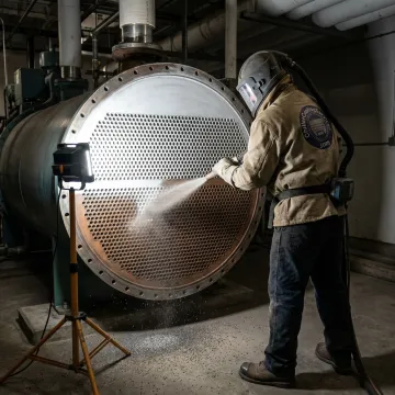 Technician preparing metal equipment for coating