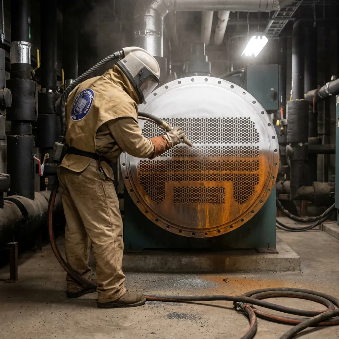 Technician preparing chiller tube sheet
