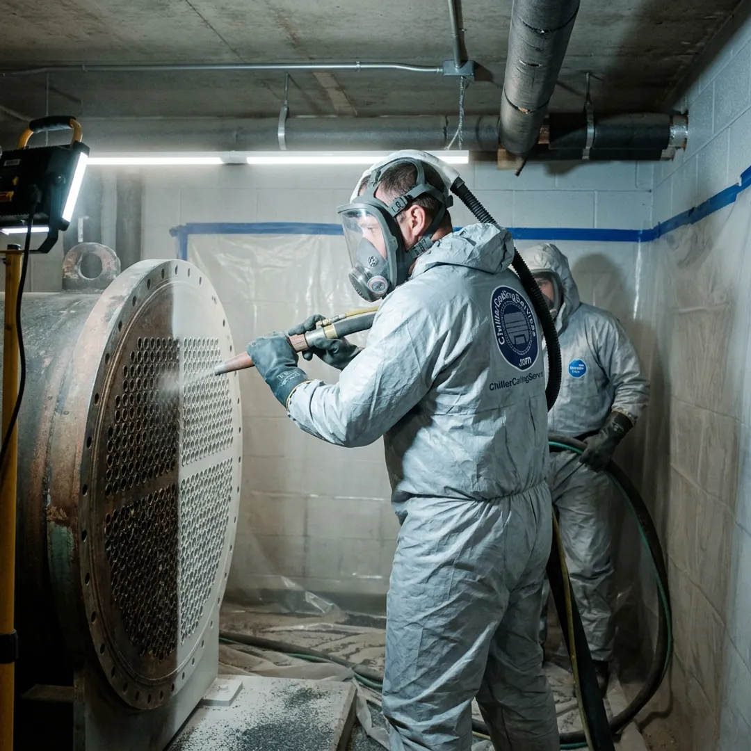 Crew preparing industrial equipment for coating