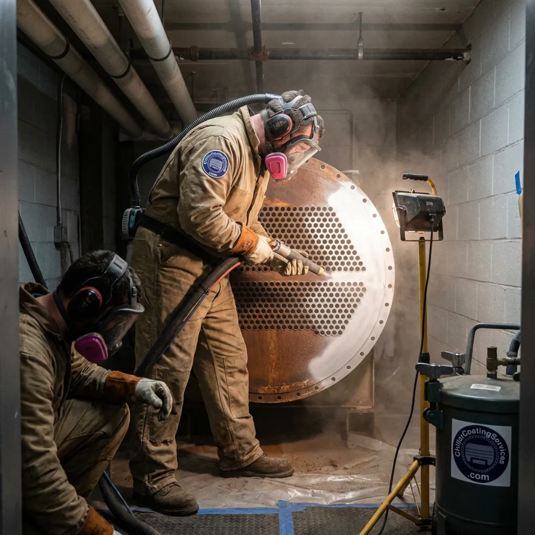 Crew preparing chiller surfaces for protective coating