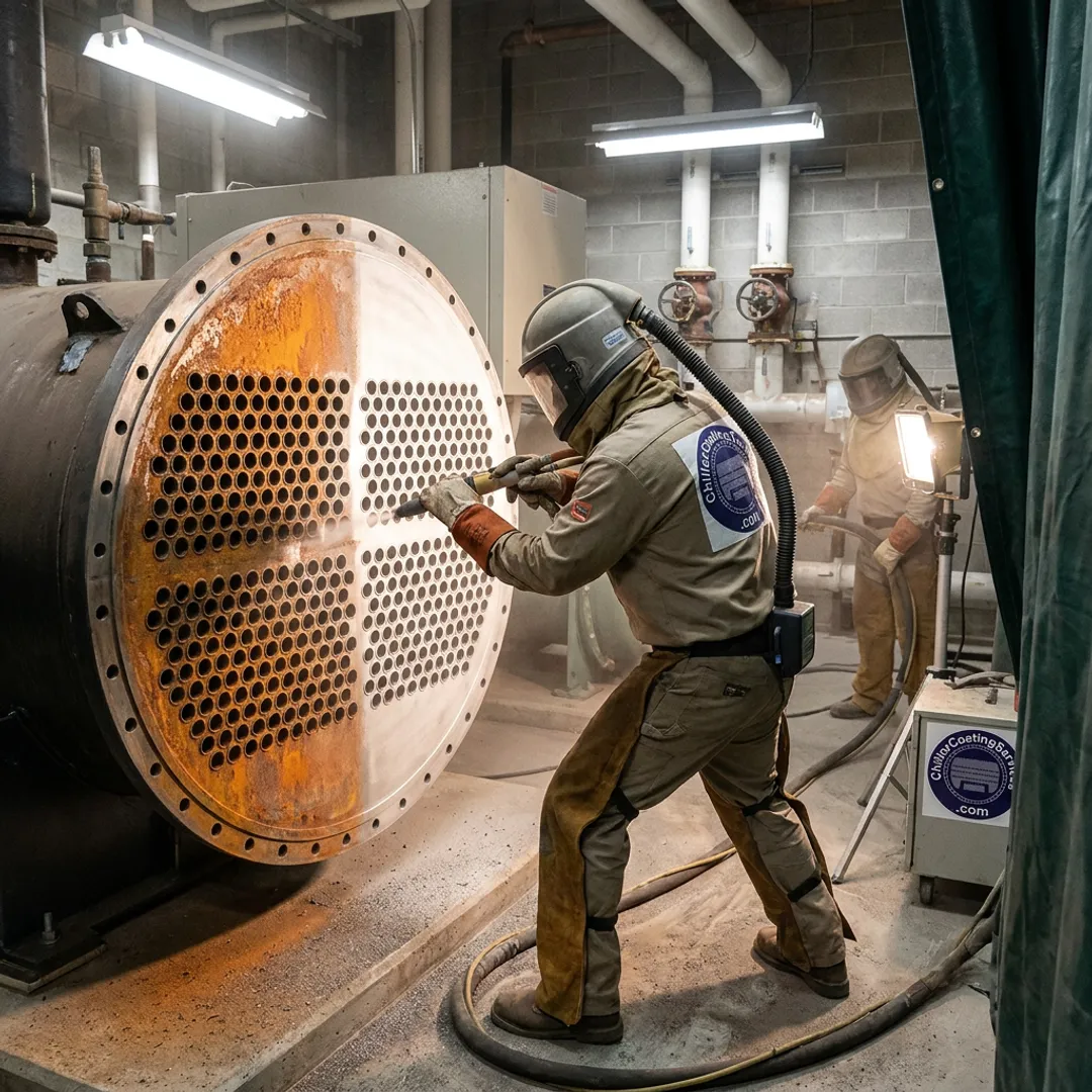 Industrial crew preparing a chiller tube sheet for coating