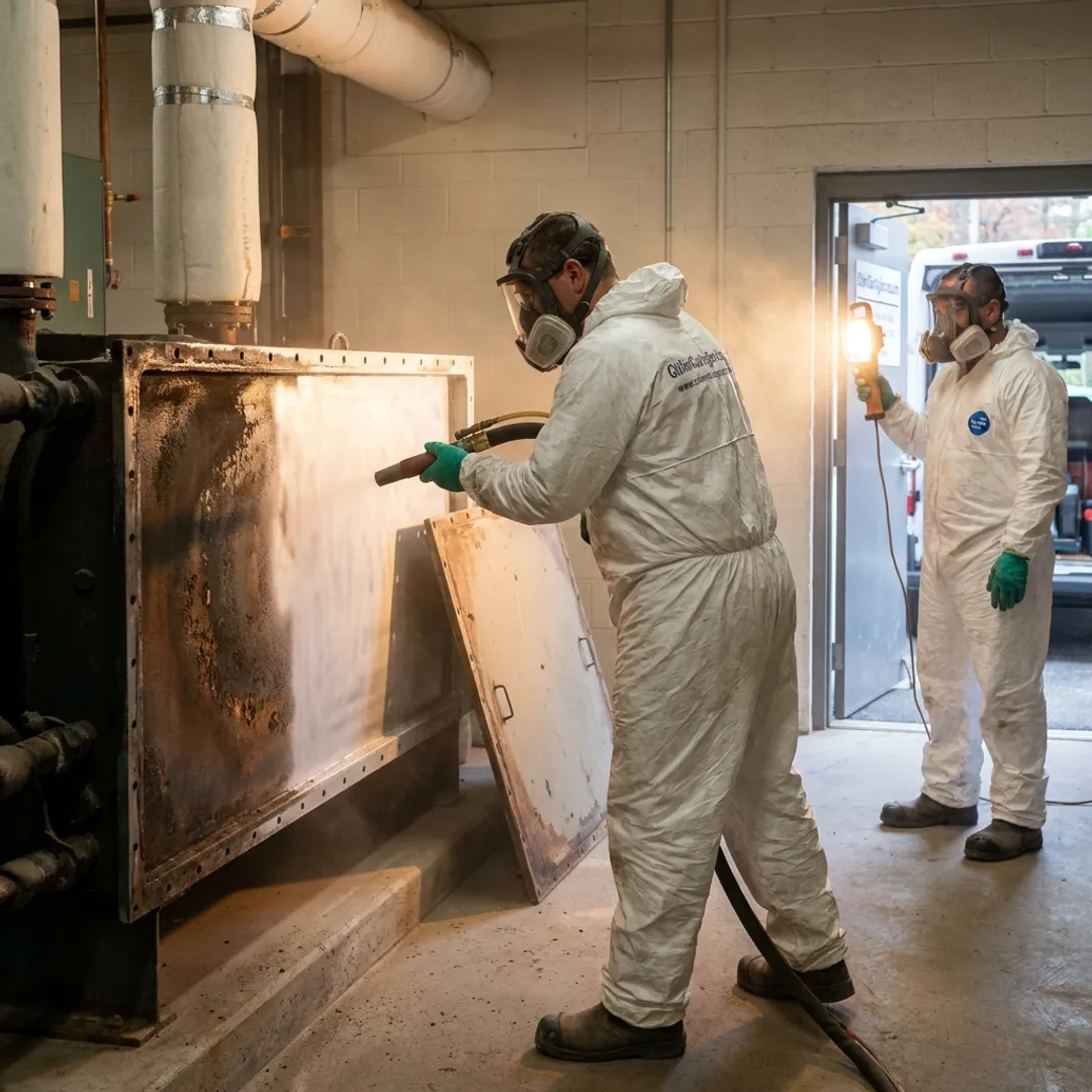 Technician preparing industrial equipment for coating