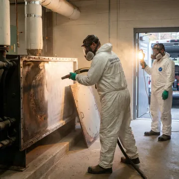 Technician preparing industrial equipment for coating