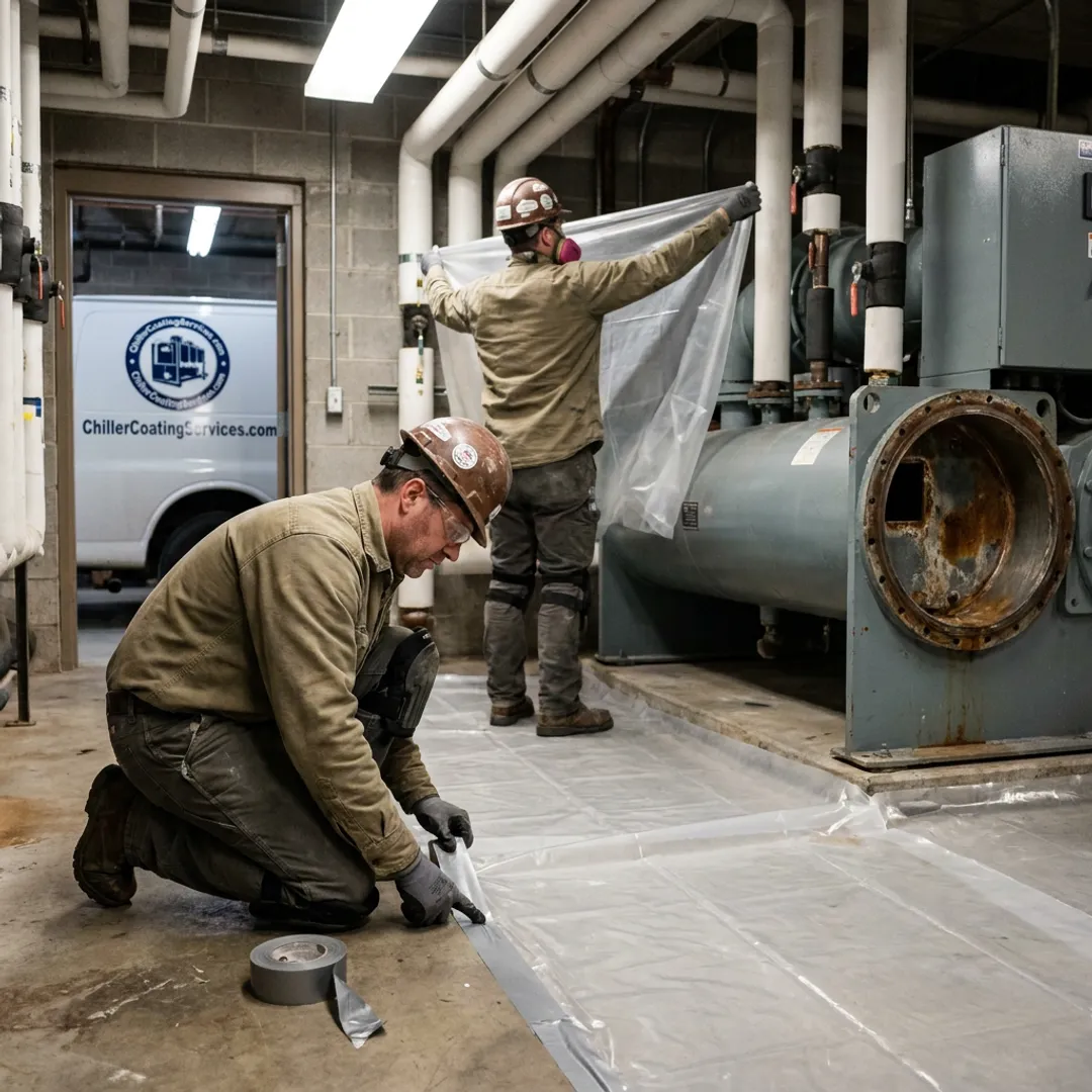 Crew preparing industrial surface for blasting
