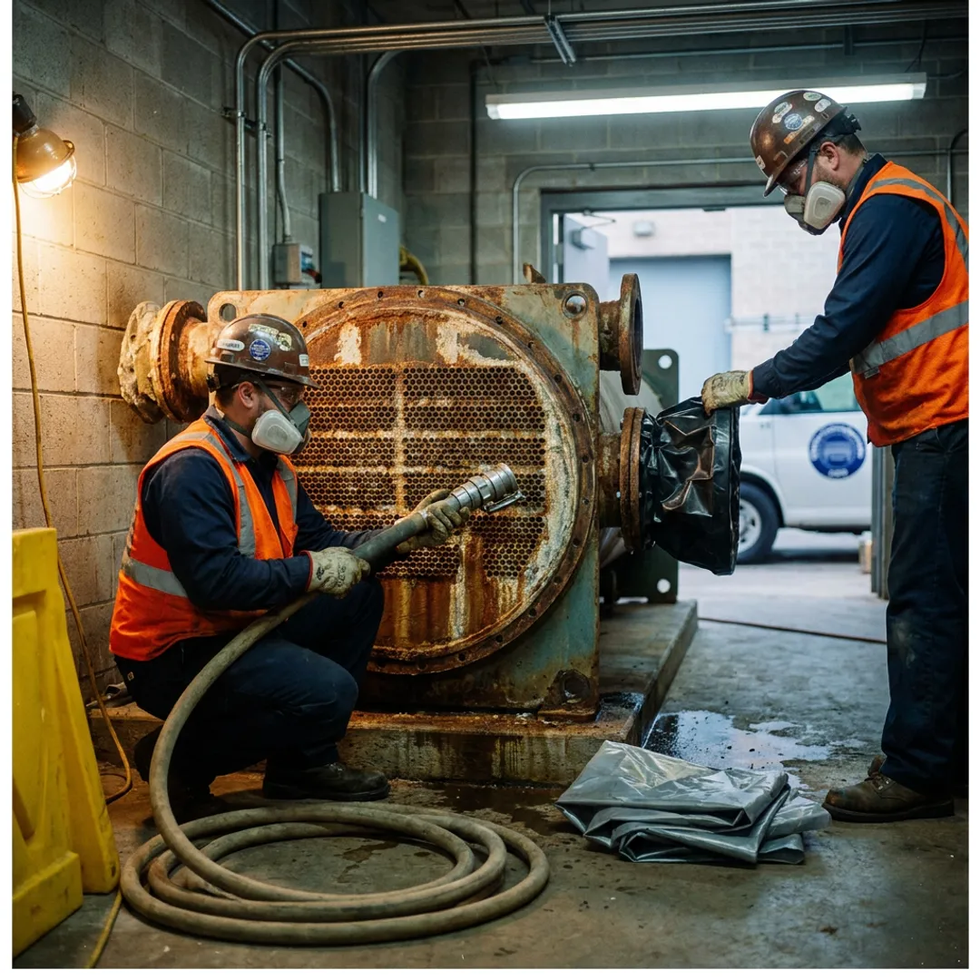 Crew preparing an industrial surface for blasting
