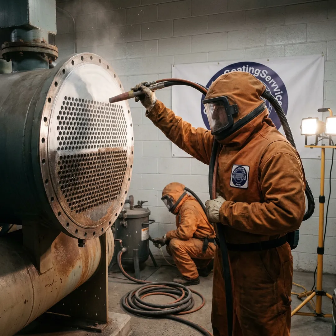 Industrial coating crew preparing chiller tube sheet surface