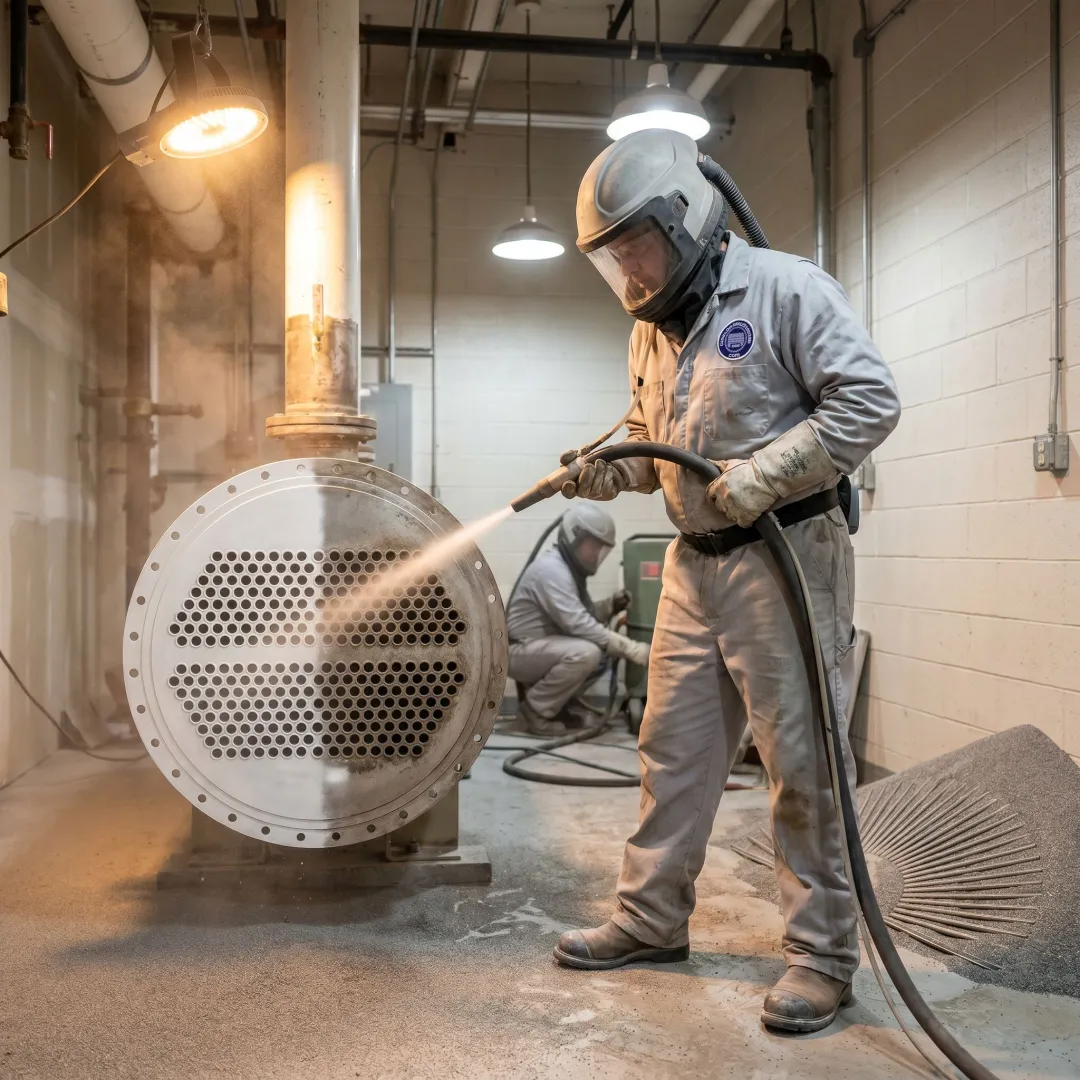 Technician repairing shell and tube heat exchanger
