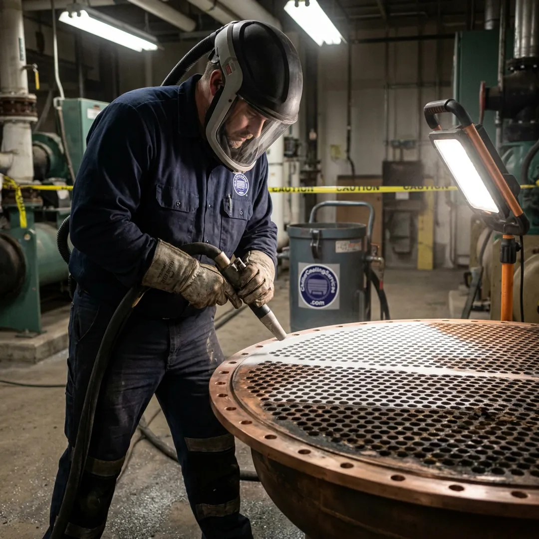 Technician restoring chiller tube sheet