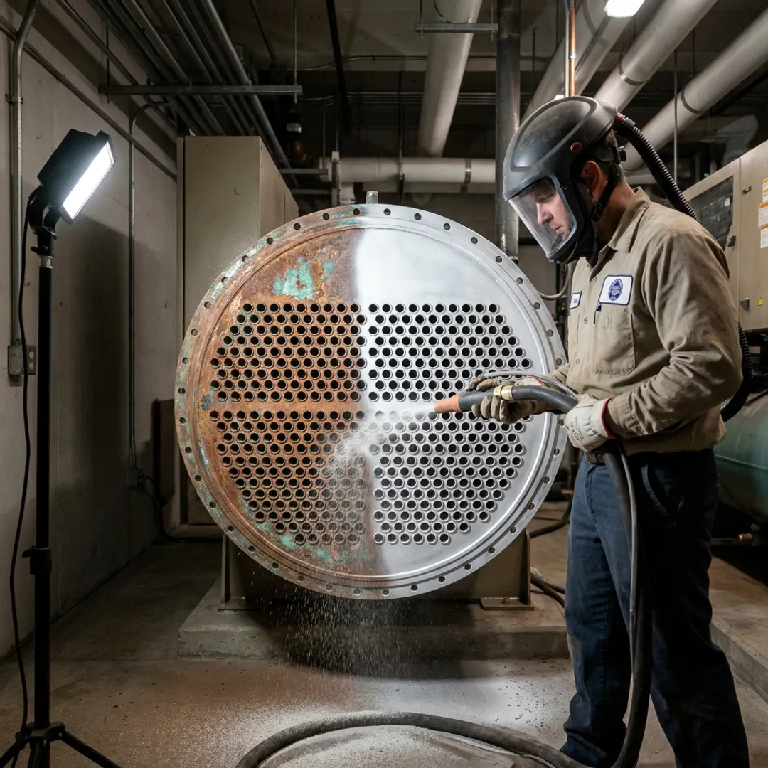 Technician blasting chiller tube sheet