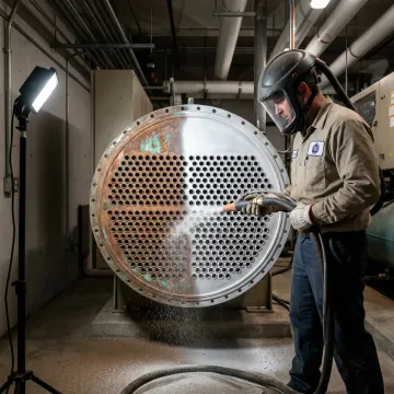Technician blasting chiller tube sheet