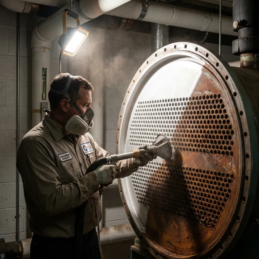 Technician restoring a chiller tube sheet