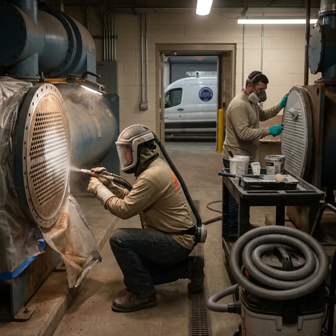 Technicians restoring chiller tube sheet
