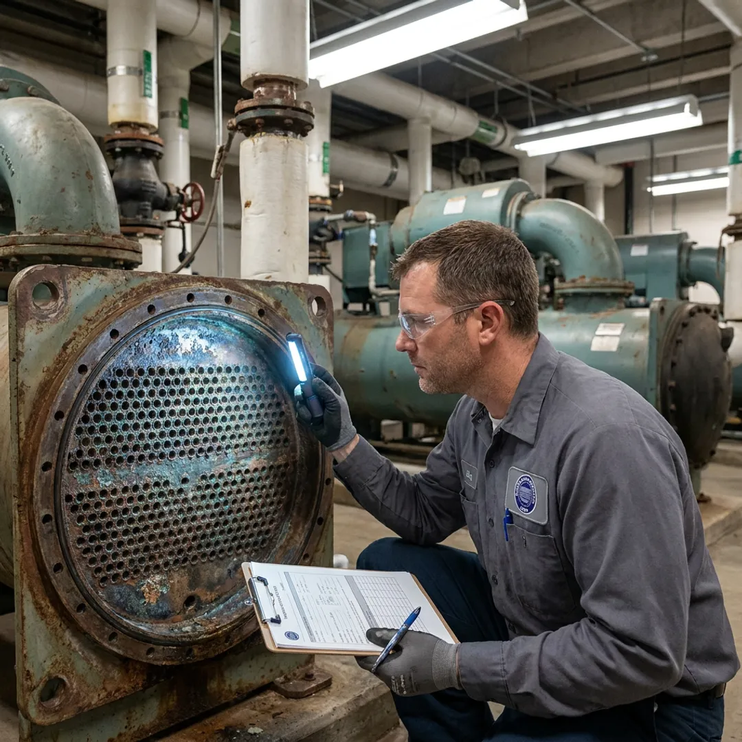 Technician inspecting commercial chiller tube sheet