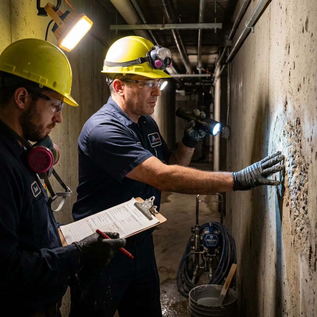 Commercial waterproofing contractor inspecting a concrete wall