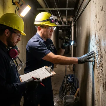 Commercial waterproofing contractor inspecting a concrete wall
