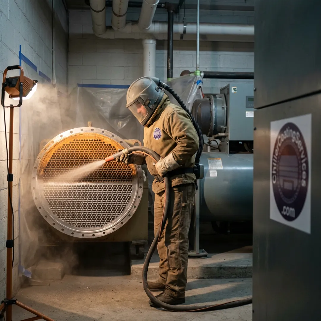 Technician sandblasting chiller tube sheet