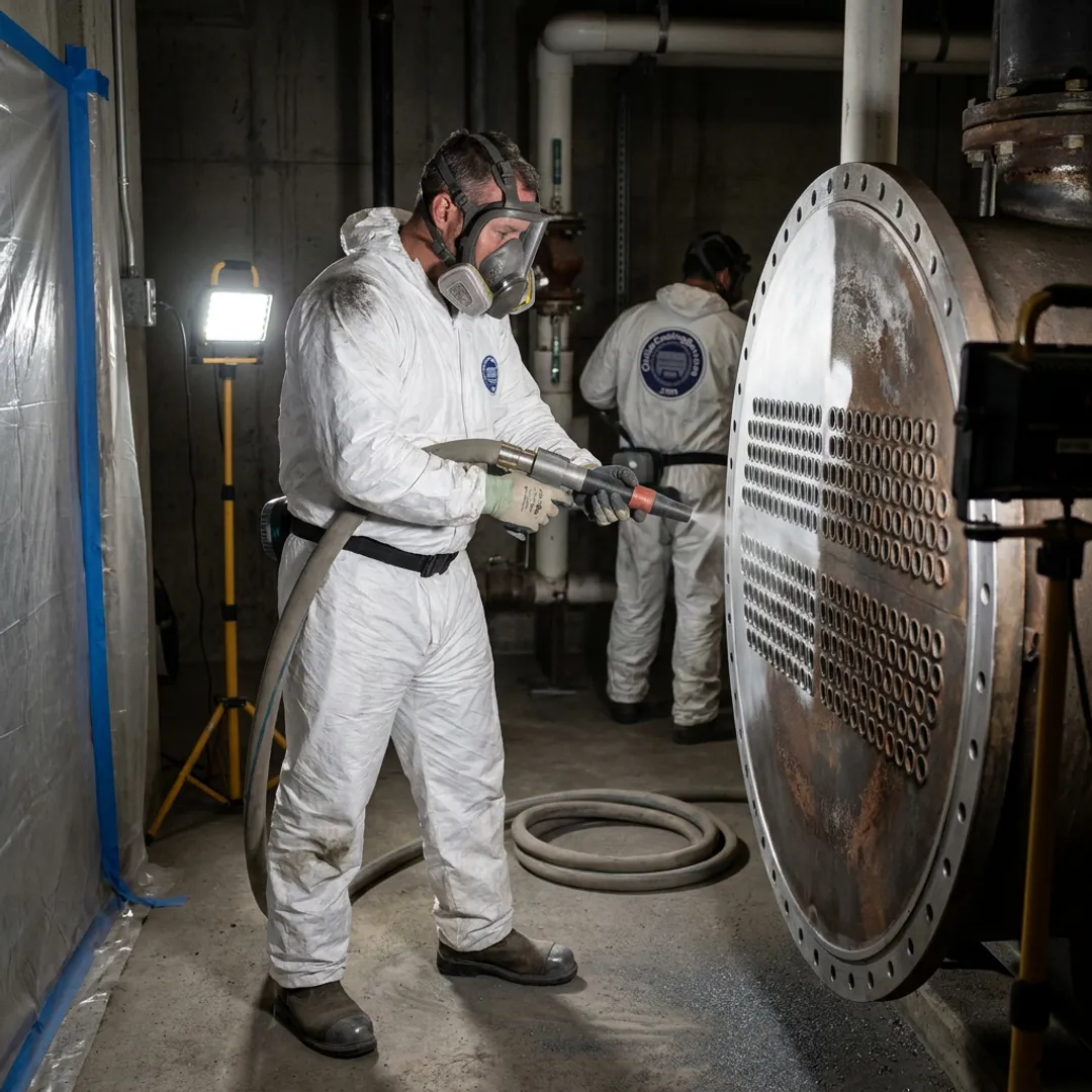 Technician restoring chiller tube sheet