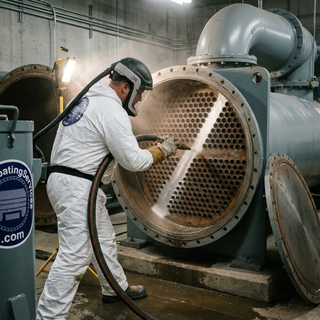 Technician preparing chiller tube sheet for coating