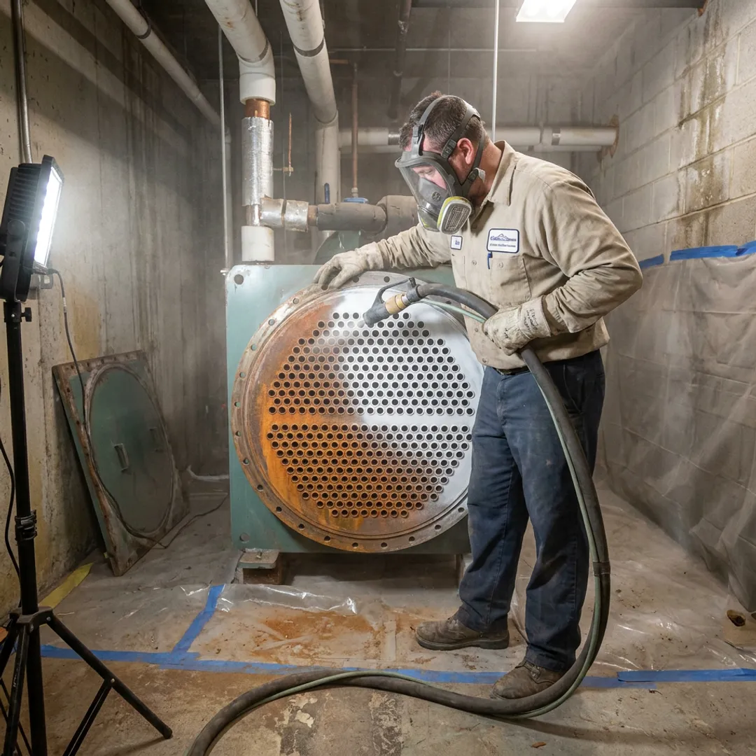 Technician preparing corroded industrial equipment for coating