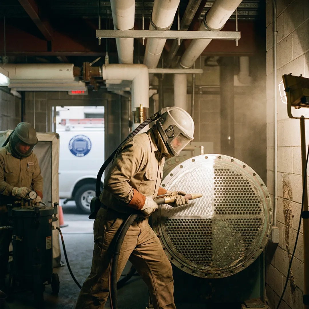 Technician restoring chiller tube sheet