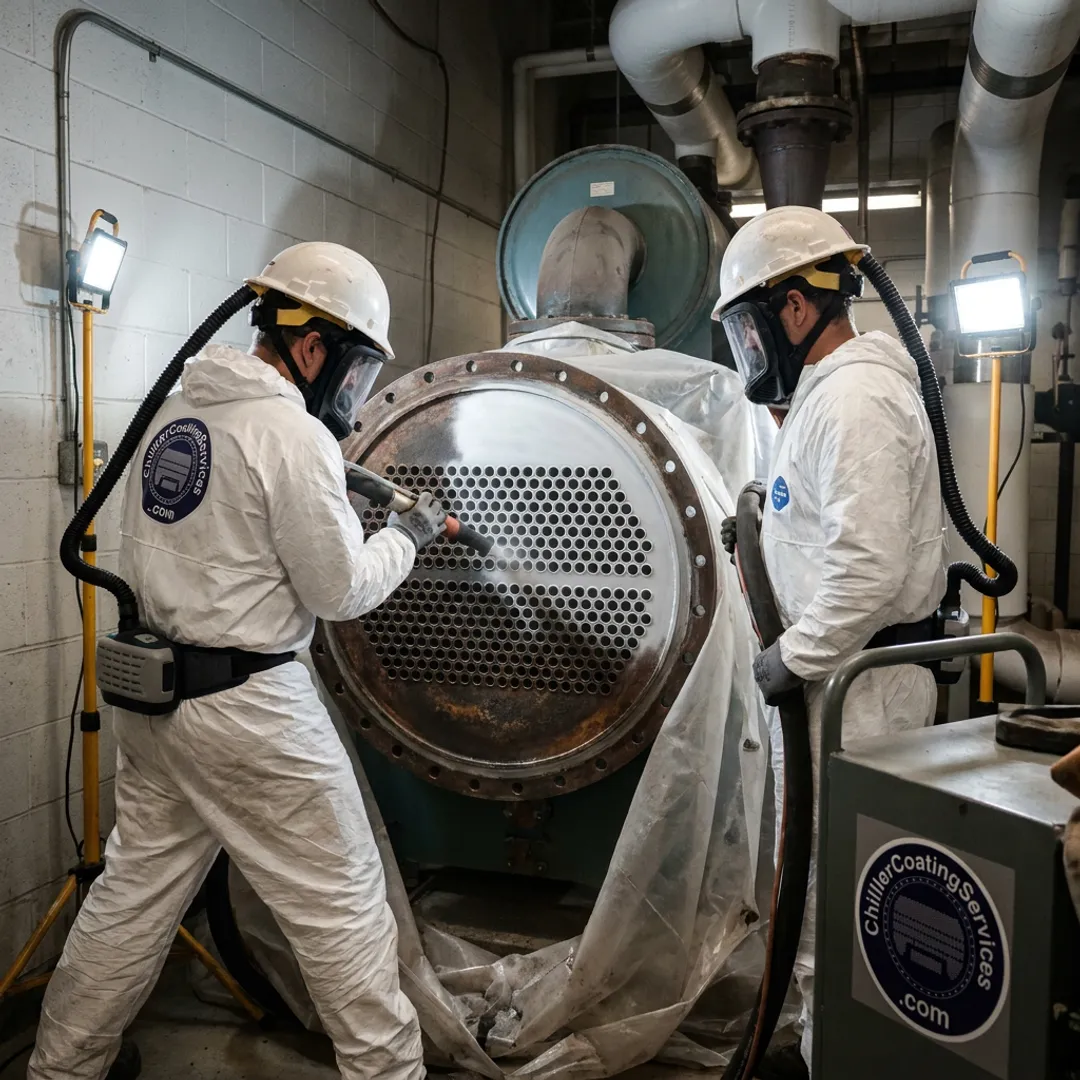 Technicians preparing a chiller tube sheet for coating
