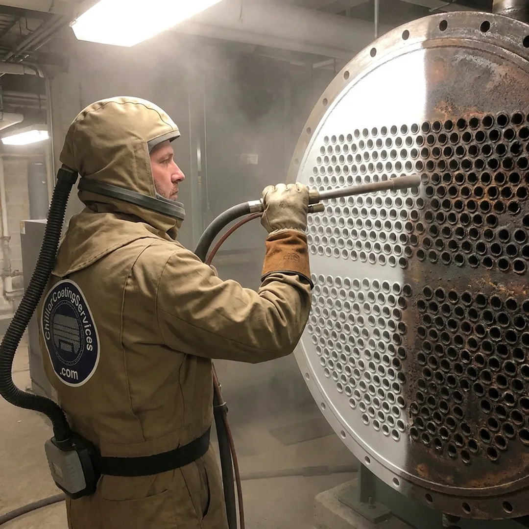 Technician preparing industrial chiller tube sheet