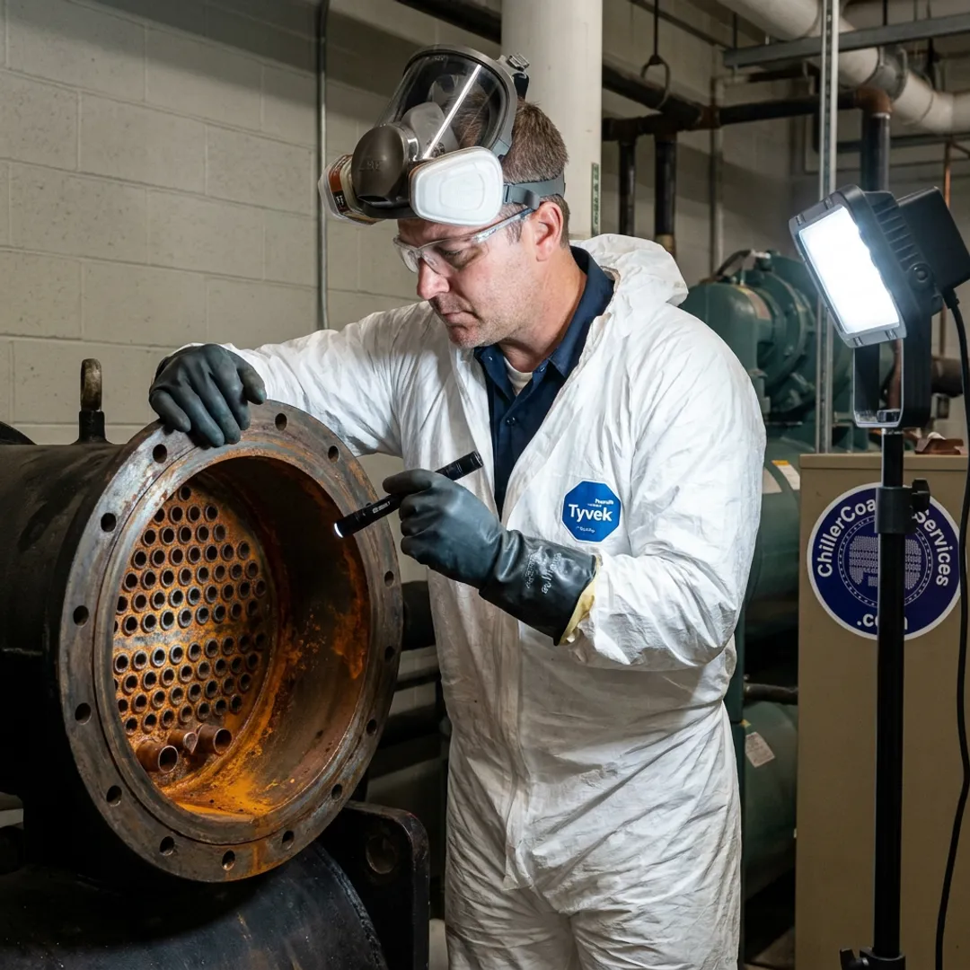 Technician preparing chiller tube sheet for blasting