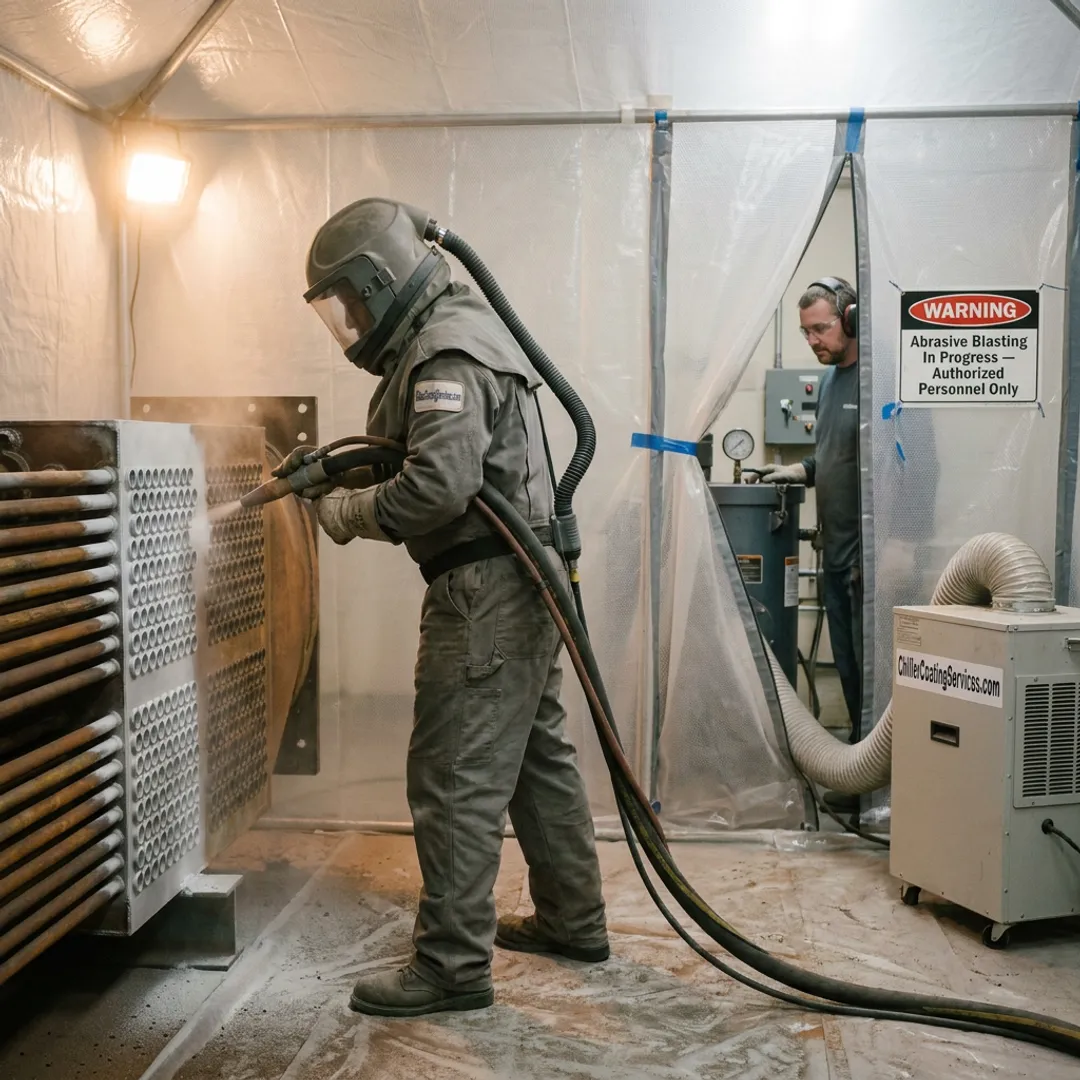 Crew preparing heat exchanger for coating