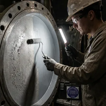Technician applying protective corrosion coating to industrial equipment
