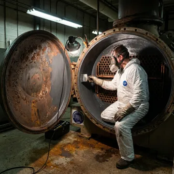 Technician applying corrosion control coating to industrial chiller equipment