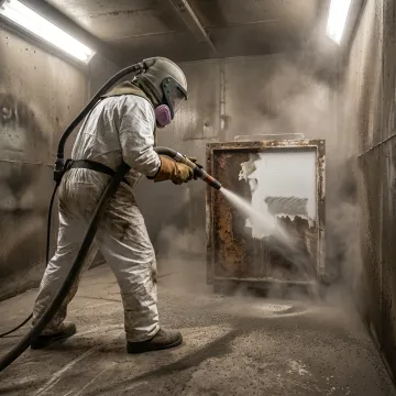 Industrial abrasive blasting technician cleaning metal equipment