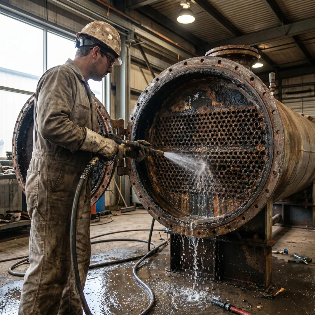 Technician cleaning shell and tube heat exchanger