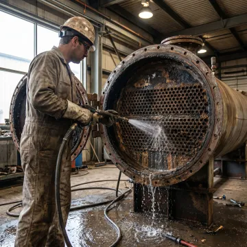 Technician cleaning shell and tube heat exchanger