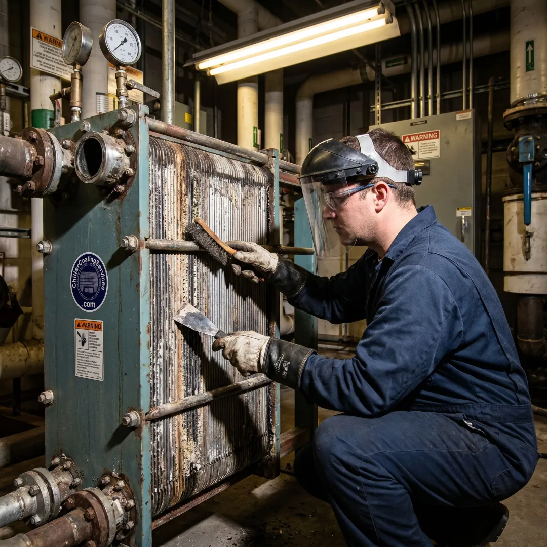 Technician servicing a plate heat exchanger