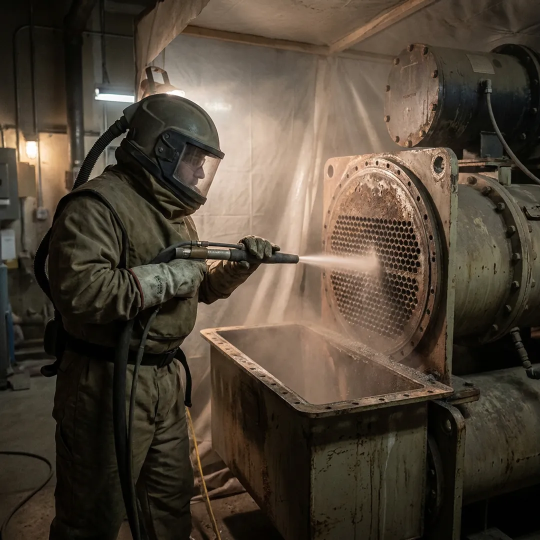 Technician abrasive blasting an industrial chiller tube sheet