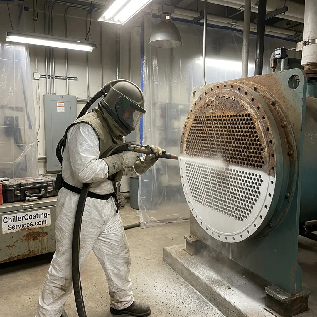 Technician restoring an industrial chiller tube sheet