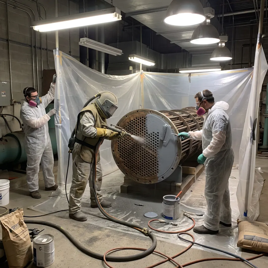 Technicians restoring an industrial chiller tube sheet