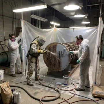 Technicians restoring an industrial chiller tube sheet