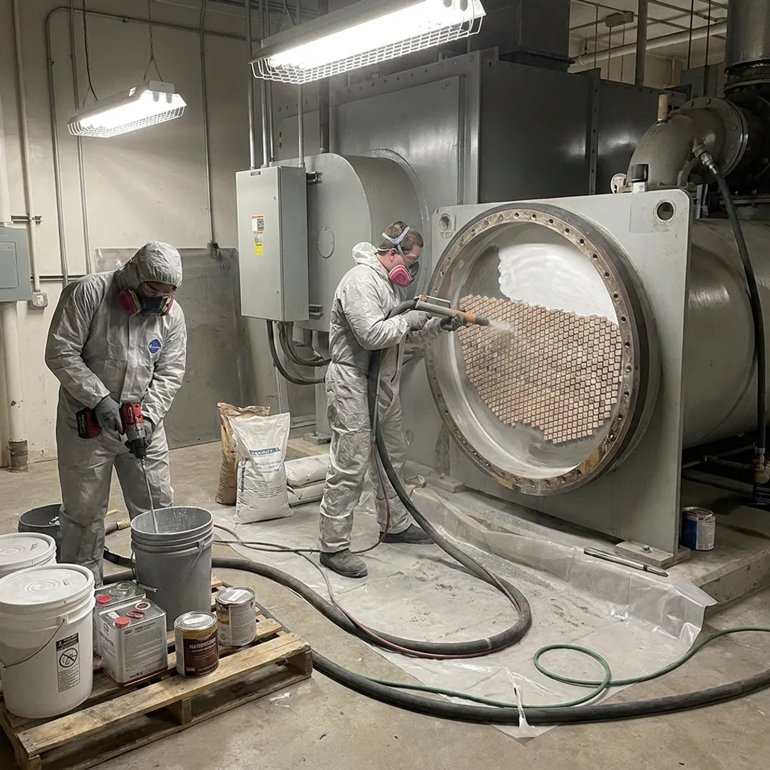Technicians restoring chiller tube sheet