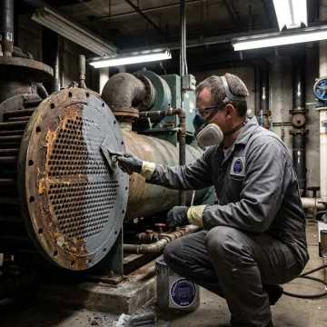 Industrial chiller restoration technician at work