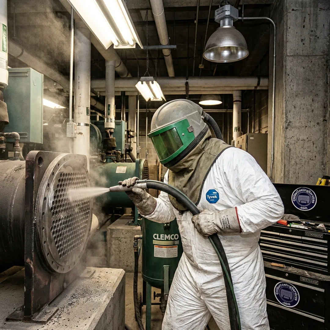 Technician restoring an industrial chiller tube sheet